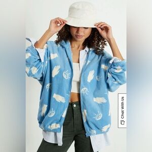 NWT Pacsun Sherpa Fleece Jacket Blue and white printed vibrant hiking